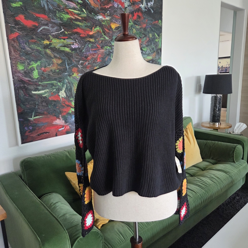 Altar’d State Black Crochet Granny Square Sleeve Boho Oversized Sweater NWT Sz L